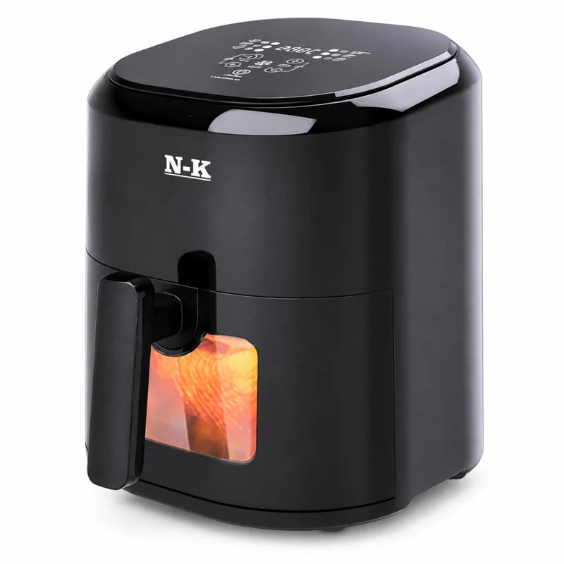 Black N-K SD-AF5001T air fryer shown from the front at an angle, with its top touch panel, drawer handle and viewing window visible.