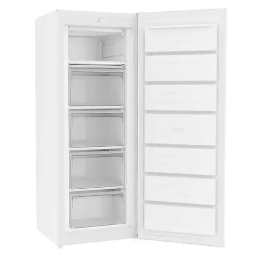 White refrigerator with open door on a white background
