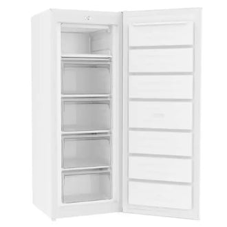 White refrigerator with open door on a white background
