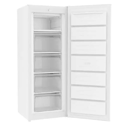 White refrigerator with open door on a white background
