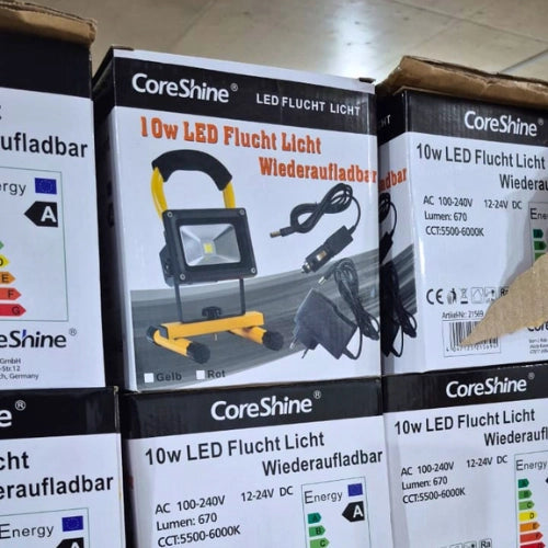 CoreShine LED floodlight packaging on a shelf