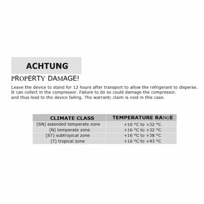 Technical warning label with text and temperature range chart on a white background