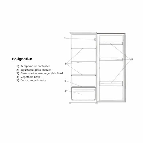 Diagram of a refrigerator compartment layout with labels on a white background