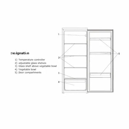Diagram of a refrigerator compartment layout with labels on a white background