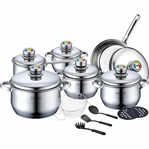 Set of stainless steel cookware with thermo-control and utensils on a white background