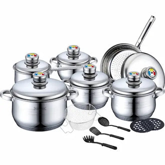 Set of stainless steel cookware with thermo-control and utensils on a white background