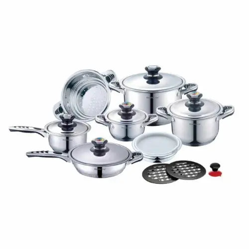 Set of stainless steel cookware with lids on a white background
