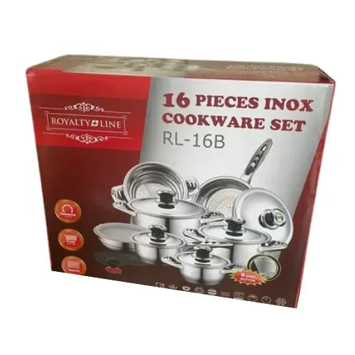 Box of Royalty Line 16-piece stainless steel cookware set on a white background
