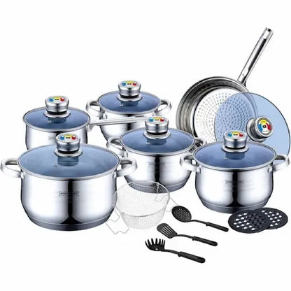 Set of stainless steel cookware with glass lids and kitchen utensils on a white background