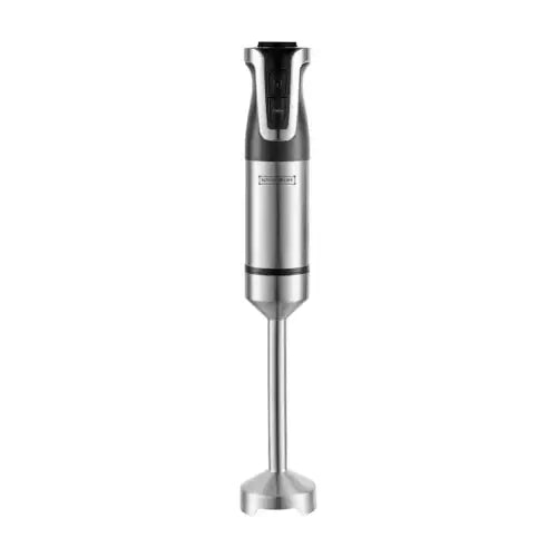 Hand blender with black and silver design on a white background