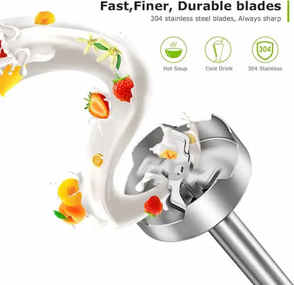 Stainless steel blade with food items and text highlighting features on a white background