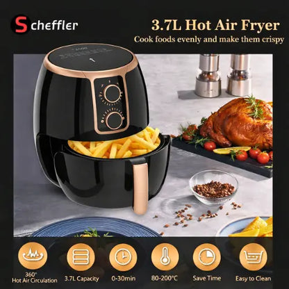 Black hot air fryer with food items on a gray surface, featuring Scheffler brand.