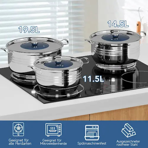 Three scheffler stainless steel pots with lids on a stove, labeled for volume, in a kitchen setting.