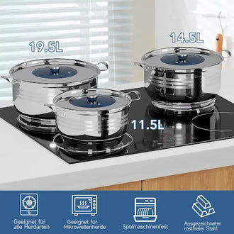 Three scheffler stainless steel pots with lids on a stove, labeled for volume, in a kitchen setting.