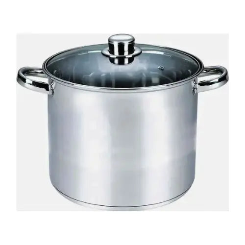 Stainless steel pot with a glass lid on a white background