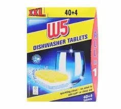 W5 dishwasher tablets packaging with yellow and blue design