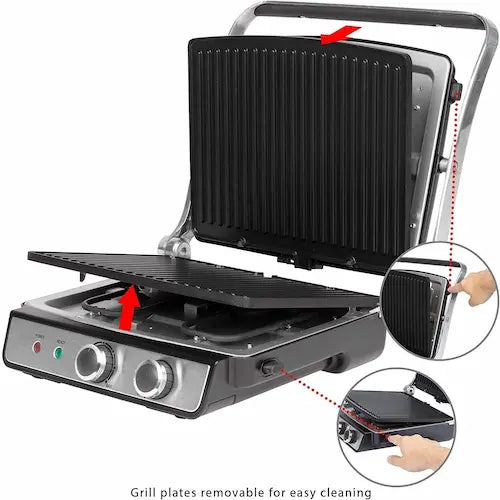 Portable grill with removable grill plates on a white background