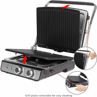 Portable grill with removable grill plates on a white background