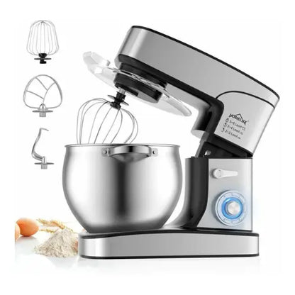 Stand mixer with attachments on a white background