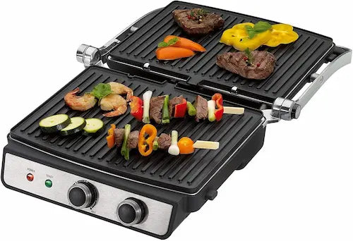 Dual-sided grill with food being cooked on both sides