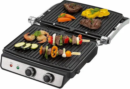 Dual-sided grill with food being cooked on both sides