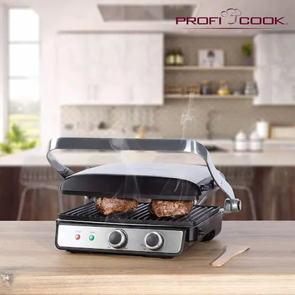 Grill with steaming food on a kitchen counter, branded 'Profi Cook'.