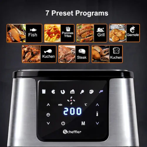 Scheffler kitchen appliance with digital display and preset cooking programs on a dark background