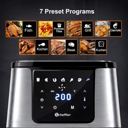 Scheffler kitchen appliance with digital display and preset cooking programs on a dark background