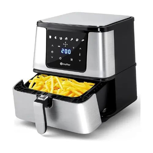 Digital air fryer with French fries inside on a white background