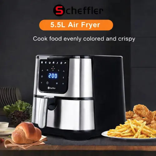 Scheffler 5.5L Air Fryer with food items on a wooden table