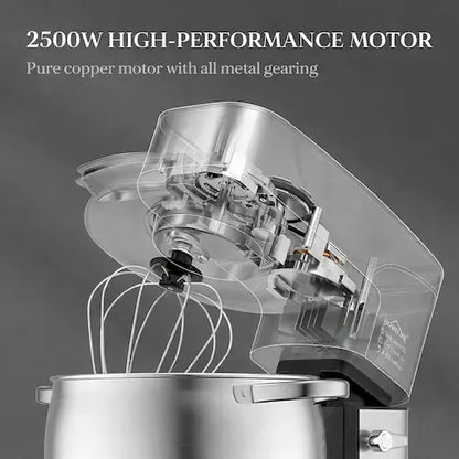 Stainless steel kitchen mixer with transparent top showing motor components on a dark background.