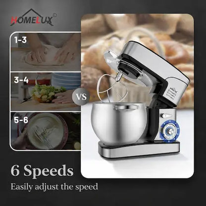 Stand mixer with 6 speeds feature on a dark background, featuring the Homelux brand.