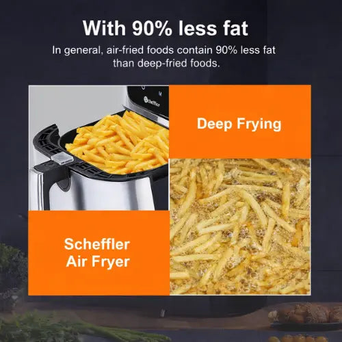 Scheffler air fryer with air-fried French fries and deep-fried French fries comparison on a dark background.