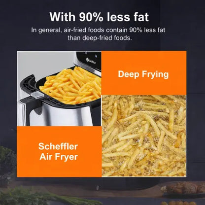 Scheffler air fryer with air-fried French fries and deep-fried French fries comparison on a dark background.