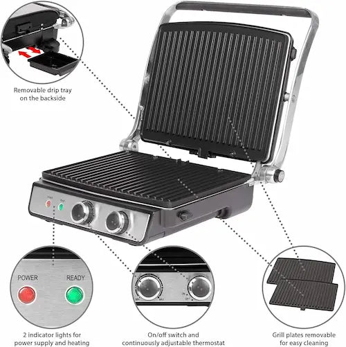 Electric grill with features highlighted on a white background