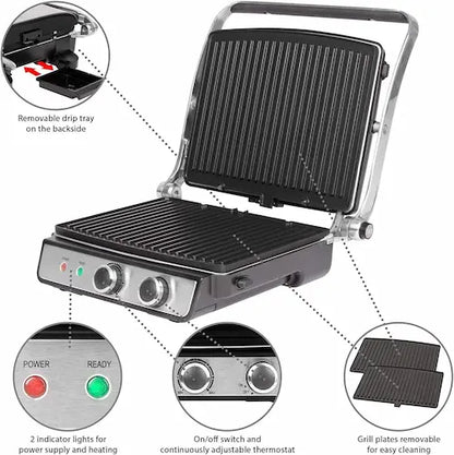 Electric grill with features highlighted on a white background