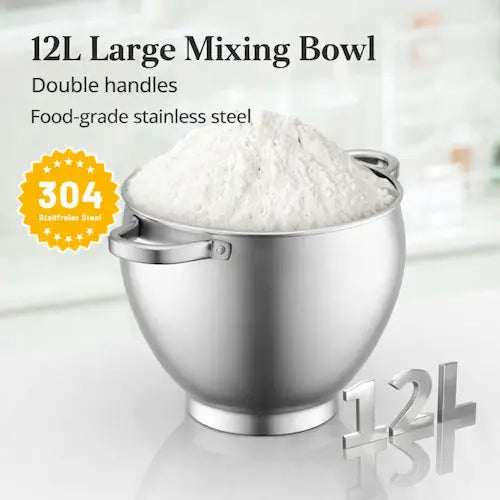 12L large mixing bowl with double handles, filled with flour, on a light background.
