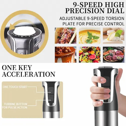 Collage of a kitchen tool with text highlighting features like 9-speed high precision dial and one-key acceleration.