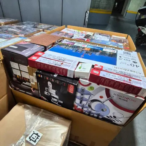 Stack of wholesale product boxes in a warehouse setting in Lebanon