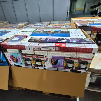 Stack of product boxes on a pallet in an indoor setting
